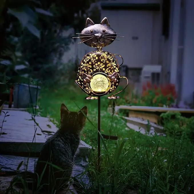 KAIXOXIN Garden Solar Lights Metal Cat Crackle Glass Globe Stake Light Waterproof Warm White LED Solar Path Lights (Cat-Bronze) by GreenHaven Gardens