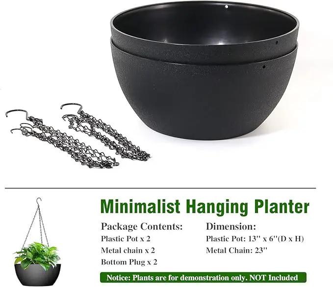 13 inch Large Hanging Planters Plant Pots for Outdoor Indoor Plants with Drainage Holes and Chain, 2 Pack Round Hanging Flower Pots for Garden Home Porch Decor, Black by GreenHaven Gardens