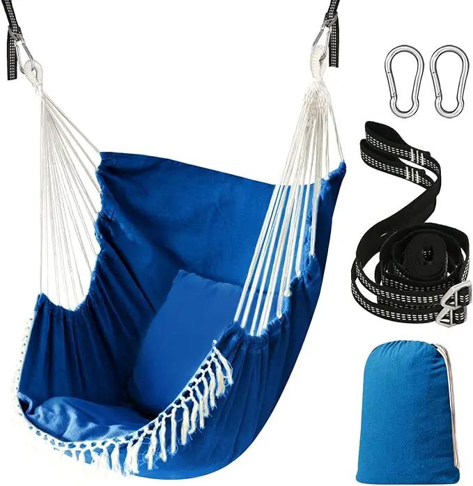 Chihee Hammock Chair Hanging Swing 2 Pillows Included,Strong Webbing Straps and Hooks for Easy Hanging Soft Cotton Hanging Chair Side Pocket Tassel Chair Comfort Indoor Outdoor Royal Blue by GreenHaven Gardens