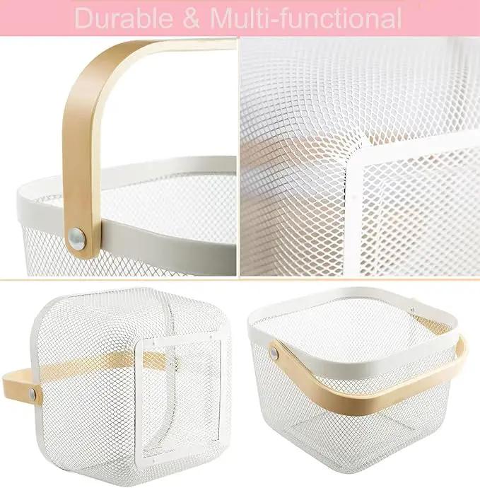 Metal Mesh Steel Basket, Storage Organizer Basket Multi-functional Hanging Kitchen Baskets Fruit Basket Bin with Bamboo Handle for Kitchen Bathroom Picnic Shopping Decor Cabinet Home, White by GreenHaven Gardens