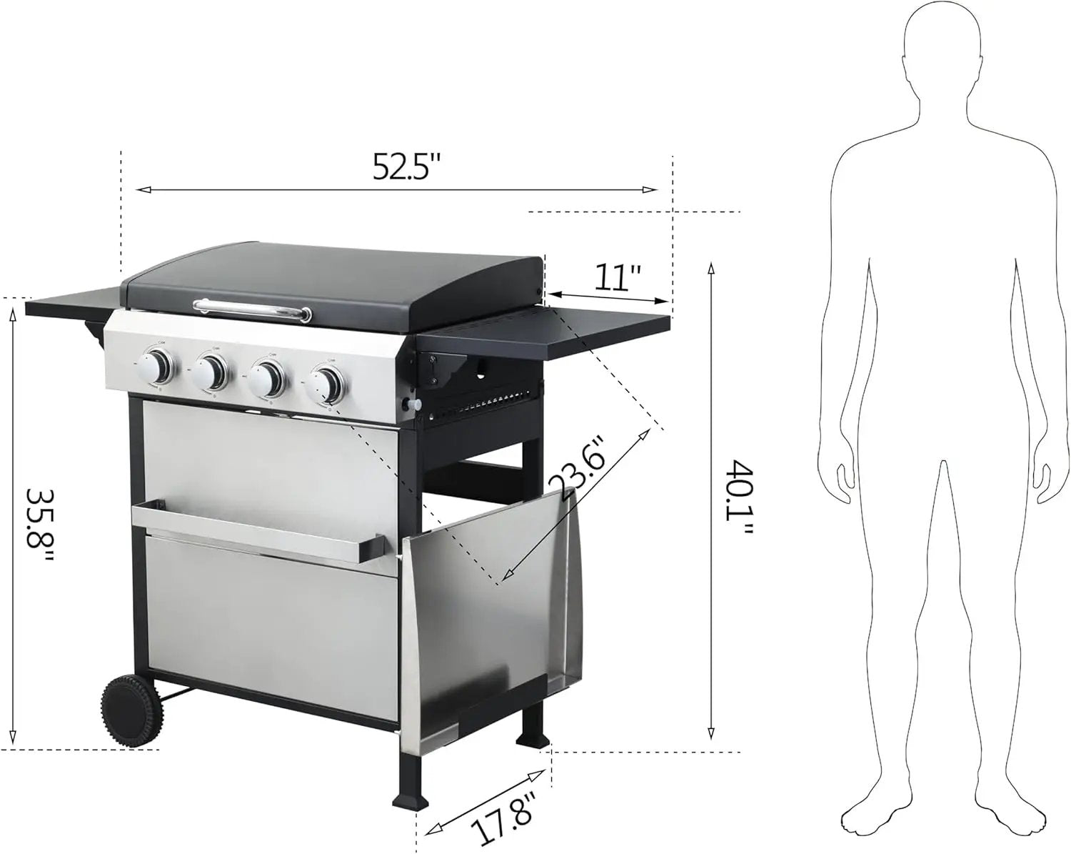 4-Burner Propane Gas BBQ Grill with SS Plancha, 49,200 BTU Output, Wire Enamel Cooking Grids, Foldable Side Table and Hanging Basket, Heavy-Duty Stainless Steel Grill by GreenHaven Gardens