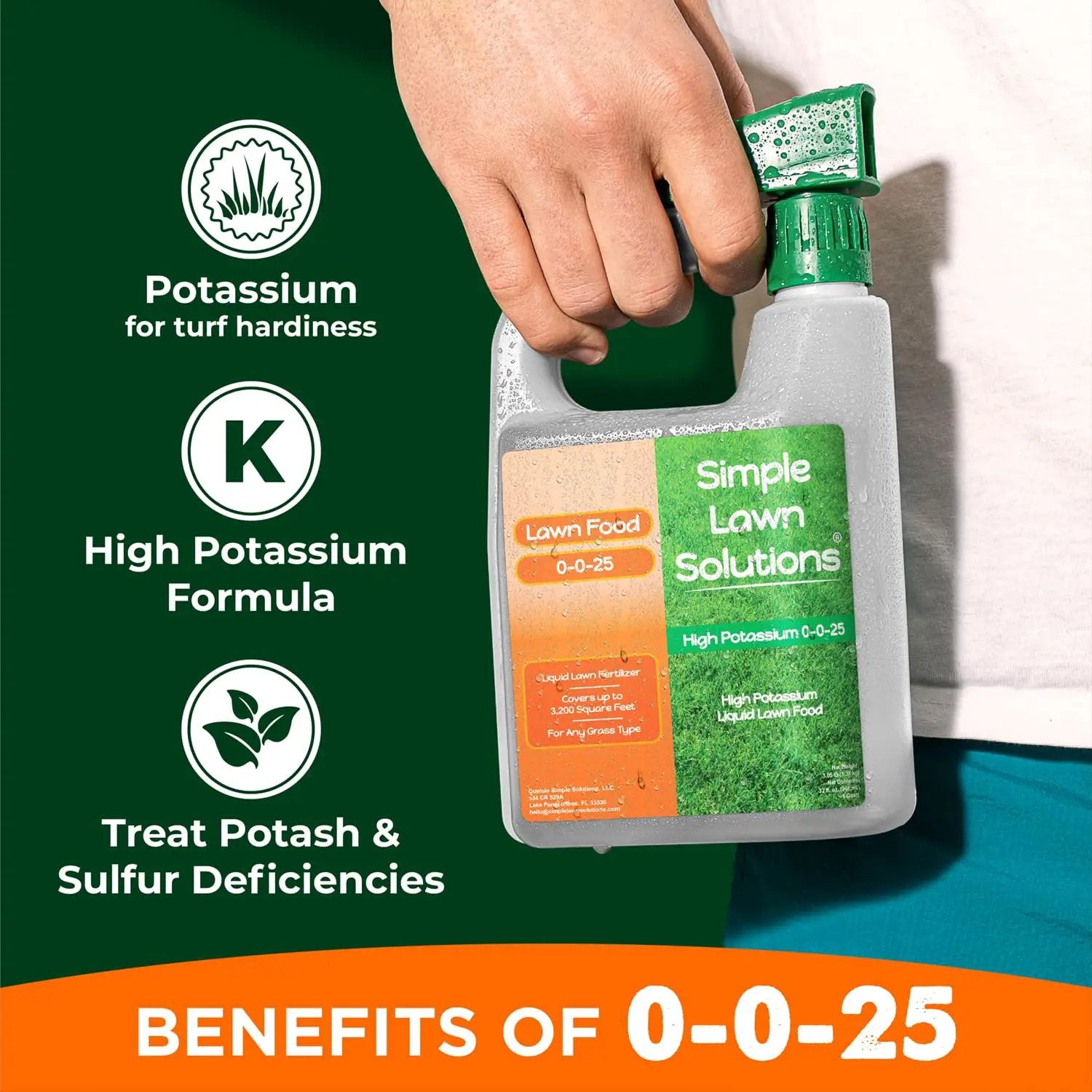 Simple Lawn Solutions - High Potassium Lawn Food Liquid Fertilizer 0-0-25 - Concentrated Spray - Turf Grass Vigor and Plant Hardiness - Summer and Fall - Any Grass Type (32 Ounce) by GreenHaven Gardens