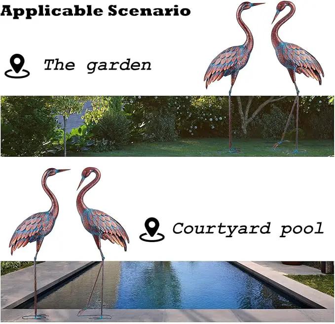 Kircust Garden Crane Statues Patina Heron Decoy, Standing Metal Crane Sculptures Bird Yard Art for Outdoor Decor, Set of 2 by GreenHaven Gardens