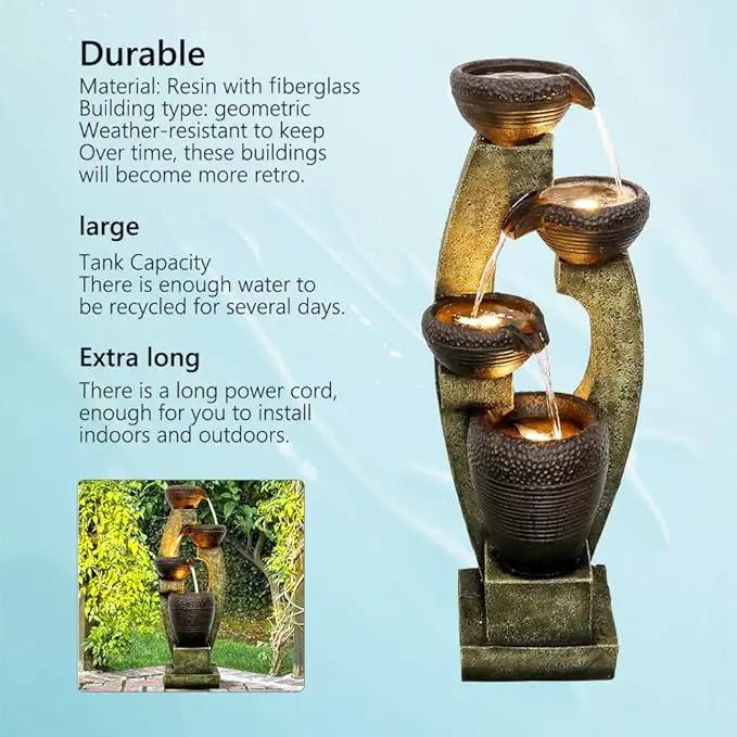 Naturefalls 40” H Modern Outdoor Fountain - 4 Crocks Outdoor Garden Fountains with Contemporary Design&LED Light for Garden, Patio, Deck, Porch, Backyard and Home Art Decor (40in, Light Gray) by GreenHaven Gardens