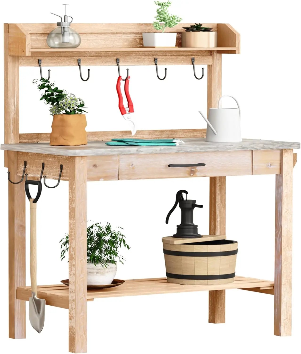 Outdoor Potting Bench Table with Metal Tabletop, Planting Table Potting Work Station with Storage Drawer and Removable Shelf Rack, Garden Potting Table for Outdoors by GreenHaven Gardens