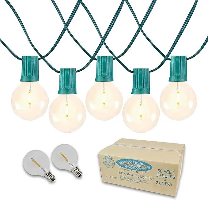 Novelty Lights 50 Feet G40 LED Patio String Lights with 50 Bulbs, Warm White, Weather Resistant and Shatterproof Replaceable Plastic Globe Bulbs, Green Wire by GreenHaven Gardens
