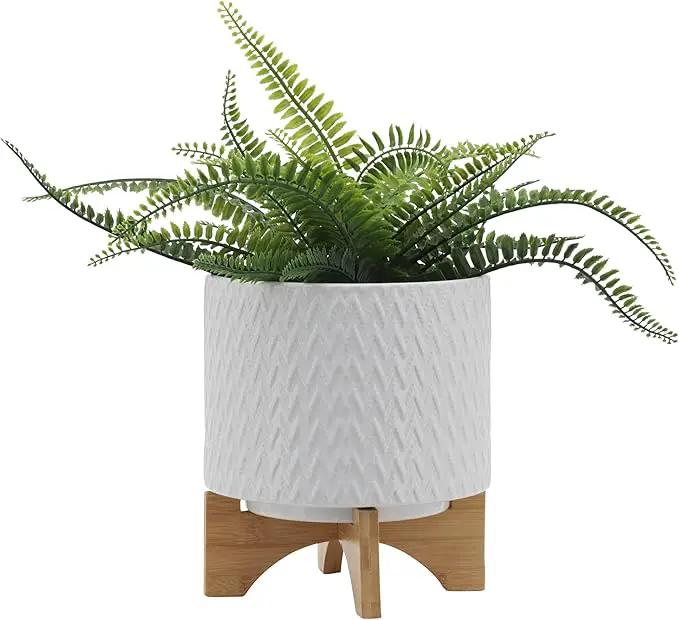 8" Ceramic Planter on Wooden Bamboo Stand - Contemporary White Chevron Design for Indoor or Outdoor Plants, Succulents, Cactus by GreenHaven Gardens