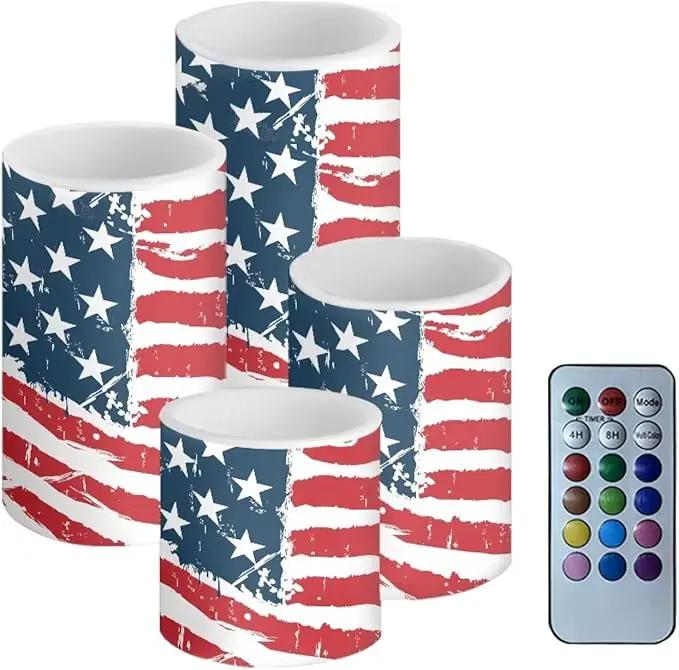 Flameless Electric Candles Decoration Lamp with Remote Timer Control Long Lasting for Fourth of July Party Decoration Home Indoor Outdoor Decor Pack of 4, American Flag Fashion by GreenHaven Gardens
