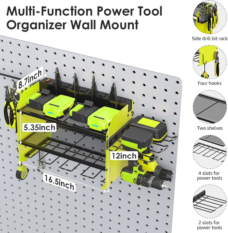 CCCEI Modular Power Tool Organizer Wall Mount Charging Station, Green 6 Drills Holder with 8 Plug Power Strip 10FT, Garage Drill Battery Heavy Duty Metal Shelf, Utility Rack with Hooks, Side Storage. by GreenHaven Gardens