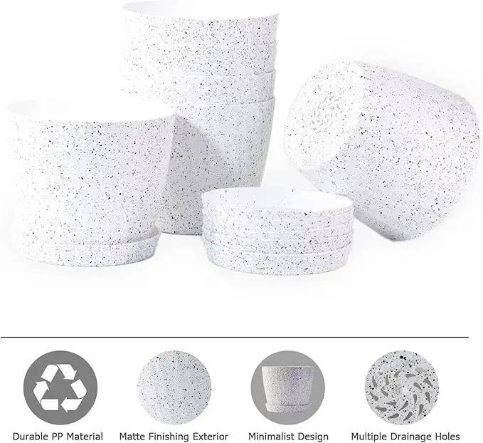 7 Inch Plant Pots Bulk, 6 Pack Plastic Planters with Drainage Holes and Saucers for Indoor Outdoor House Plants and Flowers, White Speckles by GreenHaven Gardens