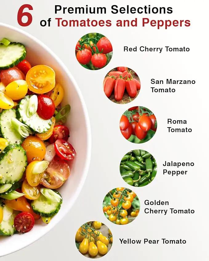 Tomato Seed Pod Kit for AeroGarden, idoo, Ahopegarden, MUFGA with Red Cherry/Golden Cherry Tomato, Roma/San Marzano/Yellow Pear Tomato and Jalapeno Pepper - Compatible with All Hydroponics (7-Pod) by GreenHaven Gardens