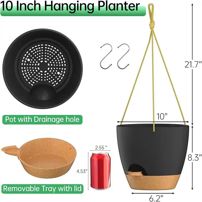 ZMTECH 10 Inch Hanging Planters for Indoor Outdoor Plants, 2 Pack Self Watering Hanging Plant Pots with Drainage Holes and Removable Saucer, Plastic Flower Hanging Pots with Watering Lip (Black) by GreenHaven Gardens