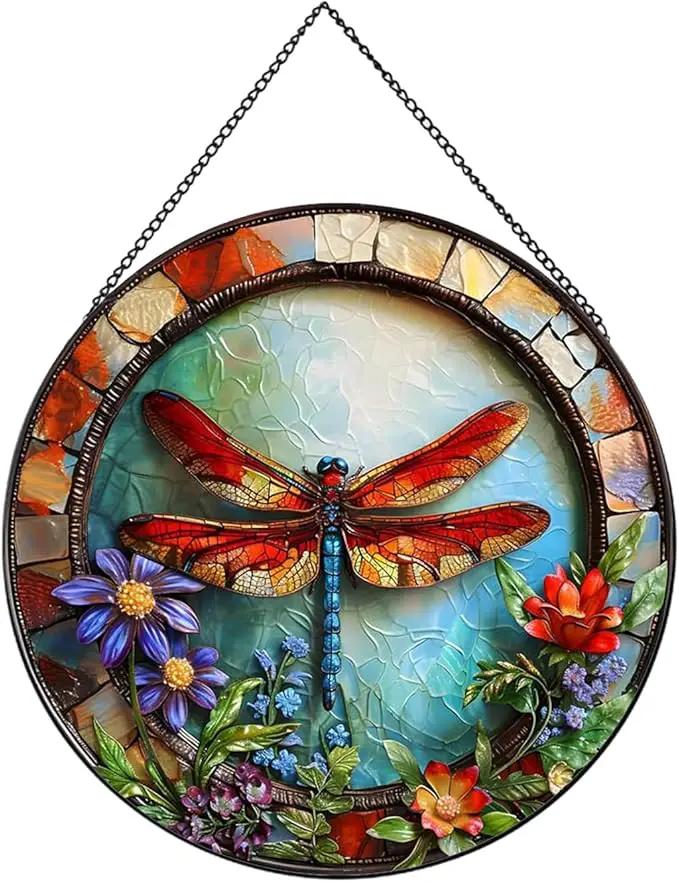 Dragonfly and Flower Suncatcher Stained Glass,Hanging Stained Glass Suncatcher for Windows,20cm/7.87inch Hand-Painted Sun Catcher Garden Hangings Halloween Fall Christmas Decor for Home by GreenHaven Gardens