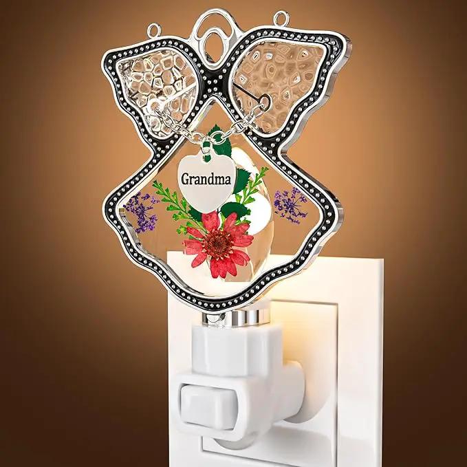 KY&BOSAM Night Light Grandma Stained Glass Angel Night Lights Plug Into Wall with Real Flower in Glass and Metal Charm Night Light for Nursery Bedroom Bathroom Accent Lite Elegant Home Decoration by GreenHaven Gardens