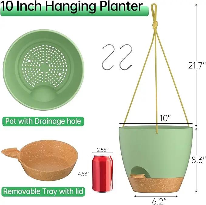 ZMTECH 10 Inch Hanging Planters for Indoor Outdoor Plants, 2 Pack Self Watering Hanging Plant Pots with Drainage Holes and Removable Saucer, Plastic Flower Hanging Pots with Watering Lip (Green) by GreenHaven Gardens