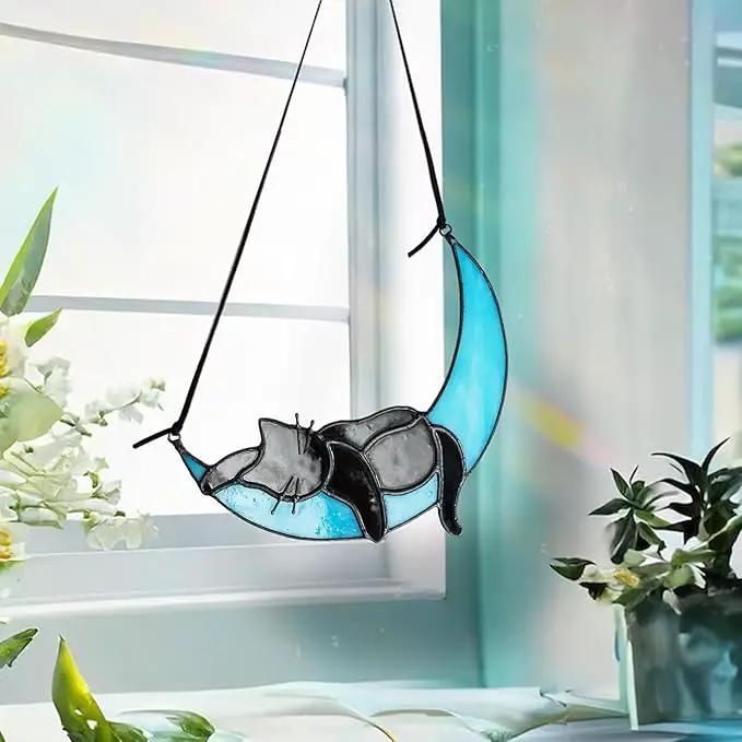 HDCRYSTALGIFTS Black Cat Decor Suncatcher Stained Glass Window Hanging,Handcrafted Kitty Decor Funny for Cat Lovers,Home Decoration for Window Patio Office Living Room Wall by GreenHaven Gardens