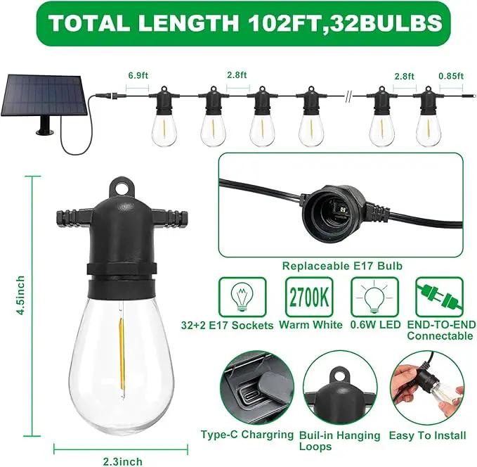102(96+6) ft Solar String Lights Outdoor, Waterproof with USB Port Remote Control Solar Patio Lights,32 Shatterproof S14 Bulbs,1W Soft White by GreenHaven Gardens