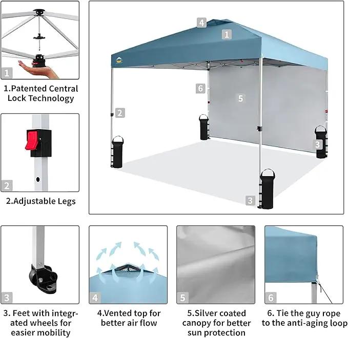 CROWN SHADES 10x10 Pop Up Canopy with 1 Side Wall - Beach Tent with One Push Setup - Outdoor Sun Shade for Events, Parties, Camping - Gazebo with STO-N-Go Cover Bag (Cyan Blue) by GreenHaven Gardens