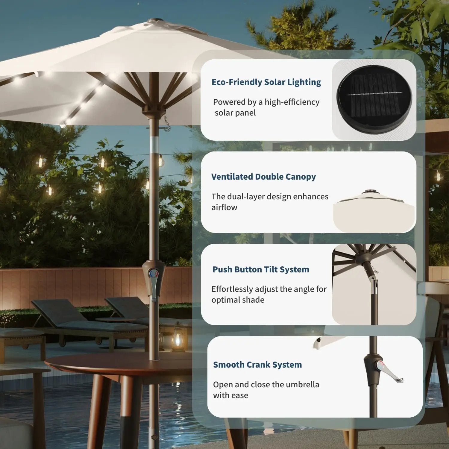 10FT Solar Umbrella 32 LED Lighted Patio Umbrella Table Market Umbrella w/Tilt and Crank, UV-Resistant Outdoor Umbrella for Pool, Garden, Deck, Creamy White by GreenHaven Gardens