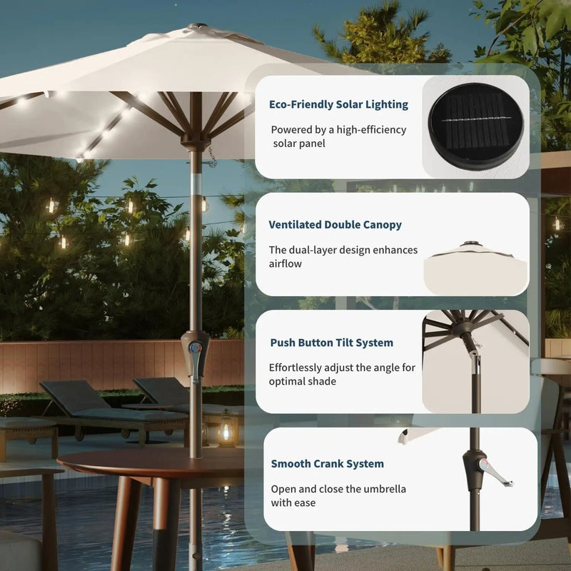 10FT Solar Umbrella 32 LED Lighted Patio Umbrella Table Market Umbrella w/Tilt and Crank, UV-Resistant Outdoor Umbrella for Pool, Garden, Deck, Creamy White by GreenHaven Gardens