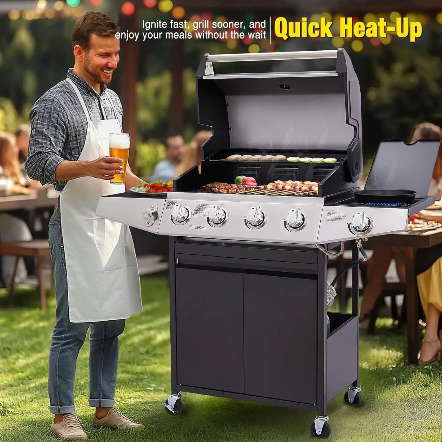 Unovivy 4-Burner Propane Gas Grill with Side Burner, Portable BBQ Grills with Oil Tray and Built-in Thermometer for Outdoor Barbecue, Camping, Patio, Backyard, 49,000 BTU by GreenHaven Gardens