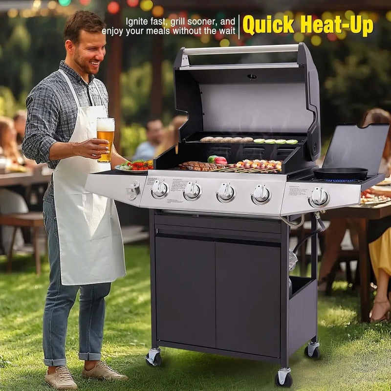 Unovivy 4-Burner Propane Gas Grill with Side Burner, Portable BBQ Grills with Oil Tray and Built-in Thermometer for Outdoor Barbecue, Camping, Patio, Backyard, 49,000 BTU by GreenHaven Gardens