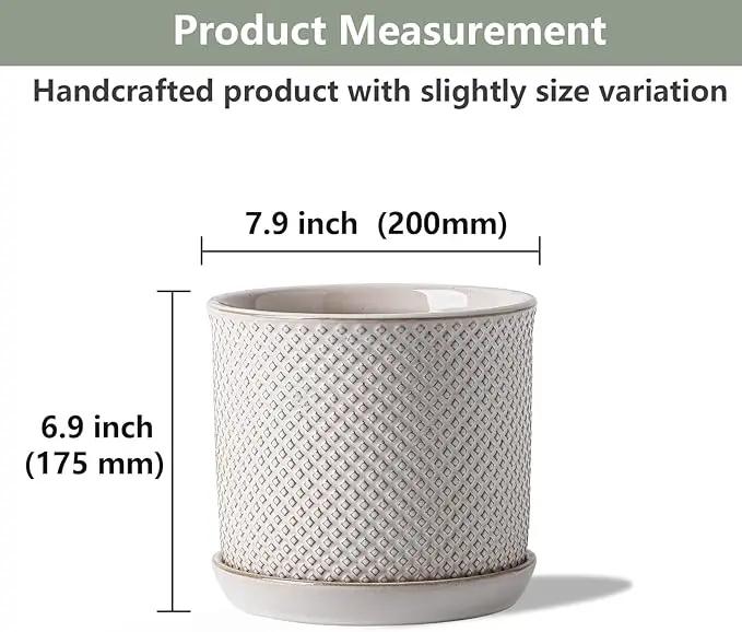 8 Inch Plant Pots: Ceramic Planter with Drainage Hole & Saucer - Flowerpot for Indoor & Outdoor Plants - Beaded Embossed Design White - with Separate Tray by GreenHaven Gardens