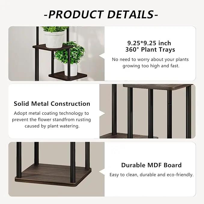 AZERPIAN Plant Stand 4 Tier Indoor Metal Flower Shelf for Multiple Plants Corner Tall Flower Holders for Patio Garden Living Room Balcony Bedroom, Black oak by GreenHaven Gardens