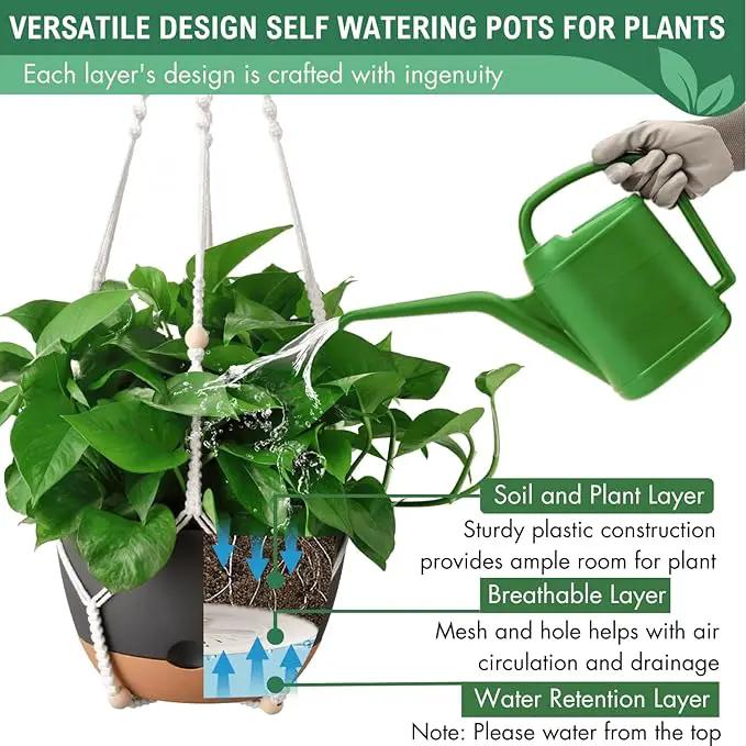10 Inch Hanging Planters for Indoor Plants,Set of 2 Hanging Pots for Plants with Self-Watering, Outdoor Hanging Plant Pot with Drainage and 2 Kinds of Hanging Baskets Hangers for Home Decor and Garden by GreenHaven Gardens