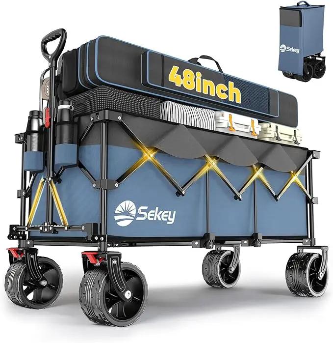 Sekey 48''L Collapsible Foldable Extended Wagon with 440lbs Weight Capacity, Heavy Duty 300L Folding Utility Garden Cart with Big All-Terrain Beach Wheels & Drink Holders. Blue&Grey by GreenHaven Gardens
