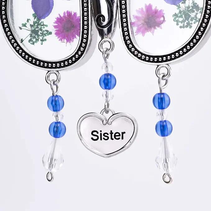 Laraine Butterfly Suncatcher with Pressed Flower Wings Mom Mother's Day Butterfly Glass Wind Chime Ornament Charm with Metal Heart Gifts for Mom Grandma Birthday ((Purple Sister (with Free Hook)) by GreenHaven Gardens