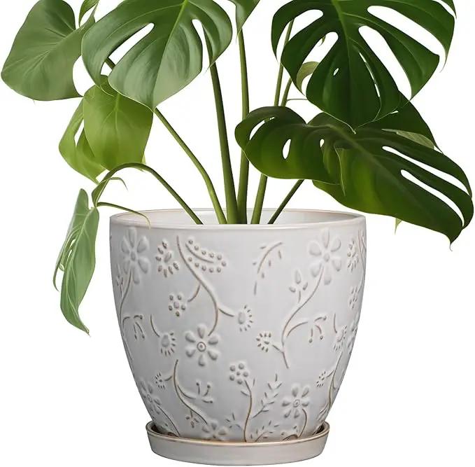 8 Inch Ceramic Pots for Plants Large Planter Pot with Drainage Hole and Saucer Round Flower Pot for Indoor Outdoor Decor, White by GreenHaven Gardens