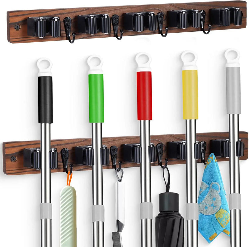 2 PACK Broom Holder Wall Mount With 5 Slots & 4 Hooks，Rustic Wood Broom & Mop Hanger，Wall Mounted Garden & Garage Tool Storage Organizer Rack for Closet Laundry Room or Kitchen Wall Decor by GreenHaven Gardens