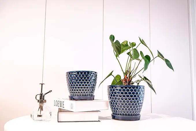 Docrin Ceramic Plant Pots Indoor, 6.6 + 5.5 Inch Planters with Drainage Holes and Saucer for Home/Office - Set of 2 /Blue Honeycomb by GreenHaven Gardens