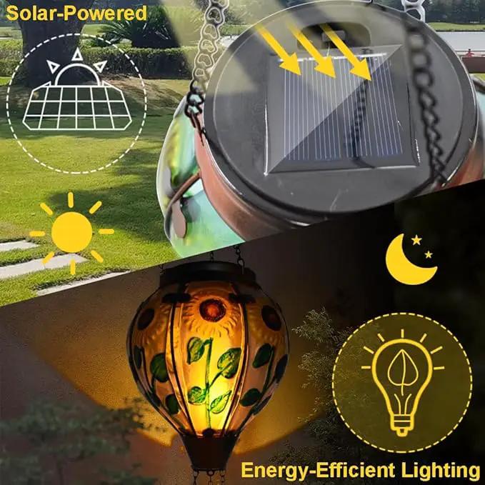 Hot Air Balloon Solar Lantern with Flickering Flame, Glass Hanging Garden Lights Outdoor Waterproof for Tree Yard Patio Mother's Day Gift, 18" H Sunflower by GreenHaven Gardens