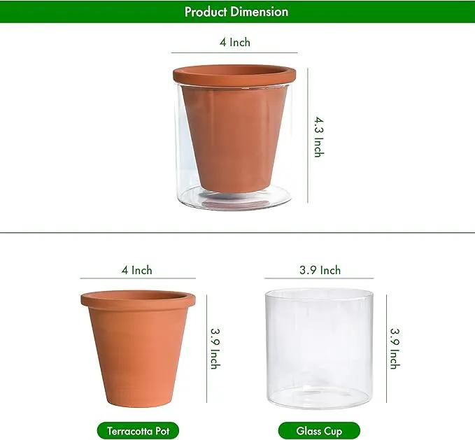 D'vine Dev 4 Inch Design Self Watering Pot for Indoor Plants, Terracotta Planter with Cylinder Glass Cup, Set of 2, 37-Y-A-1 by GreenHaven Gardens