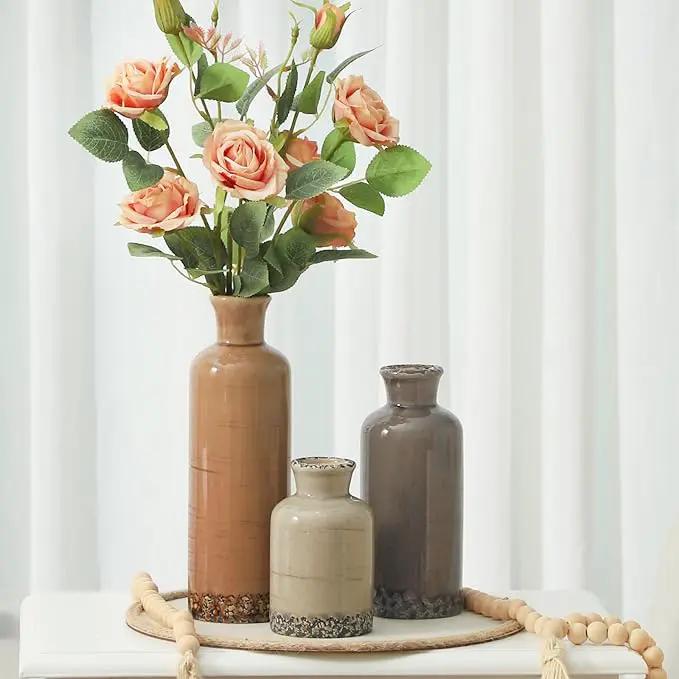 Ceramic Vase Set of 3, Neutral Flower Vases Home Decor, Pottery Rustic Farmhouse Decorative Vases Modern Decor for Table Mantel Entryway Bookshelf Living Room Kitchen Bedroom - Brown by GreenHaven Gardens