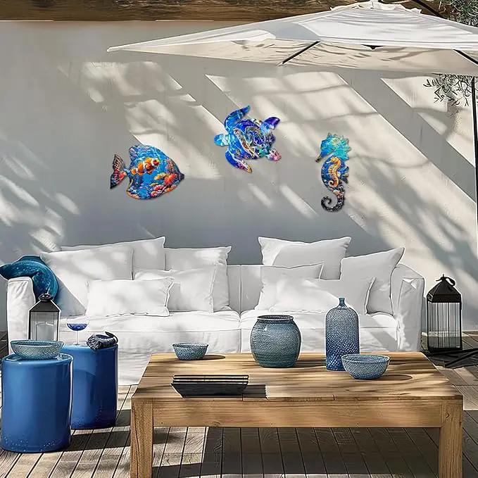 LIFFY Metal Fish Wall Decor Fish Metal Wall Art Ocean Themed Sea Turtle Fish Seahorse Coastal Wall Sculpture, Nautical Outdoor Decor For Garden, Fence, Patio, Pool,Beach,Bathroom (3 Pcs) by GreenHaven Gardens