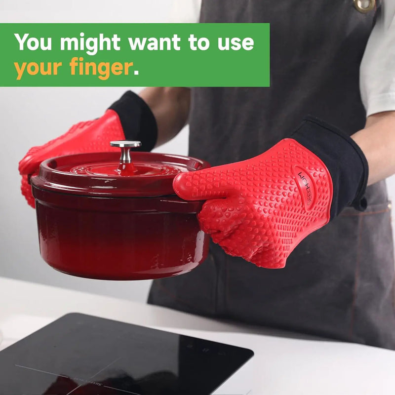 GEEKHOM BBQ Gloves Heat Resistant Oven Mitts - Silicone Grilling Gloves with 14" Long Arm Protection - Waterproof Pot Holder Non-Slip for Men & Women, Kitchen Cooking, Baking, Camping, Red by GreenHaven Gardens