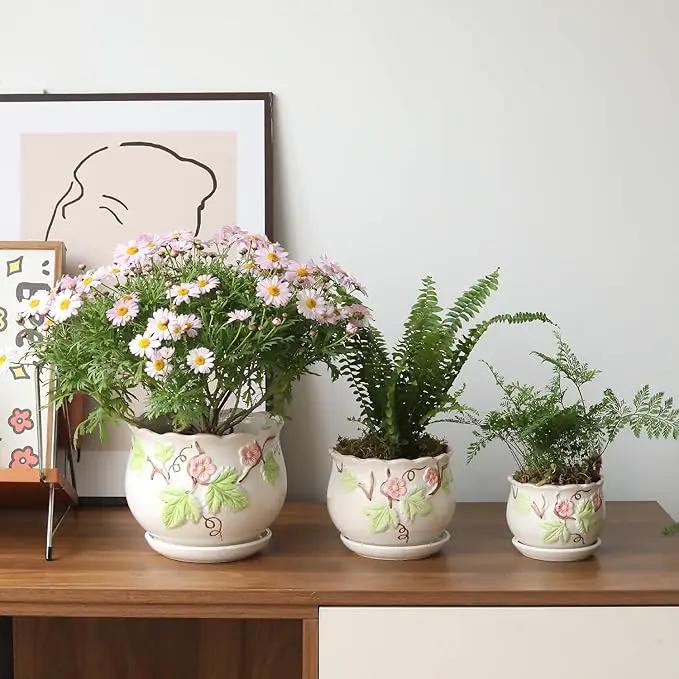 Ceramic Plant Pots with Drainage Holes and Saucers, Round Flower Pots for Indoor Plant, 3.9/5.2/6.7 Inches Small Flower Planters Set of 3 by GreenHaven Gardens