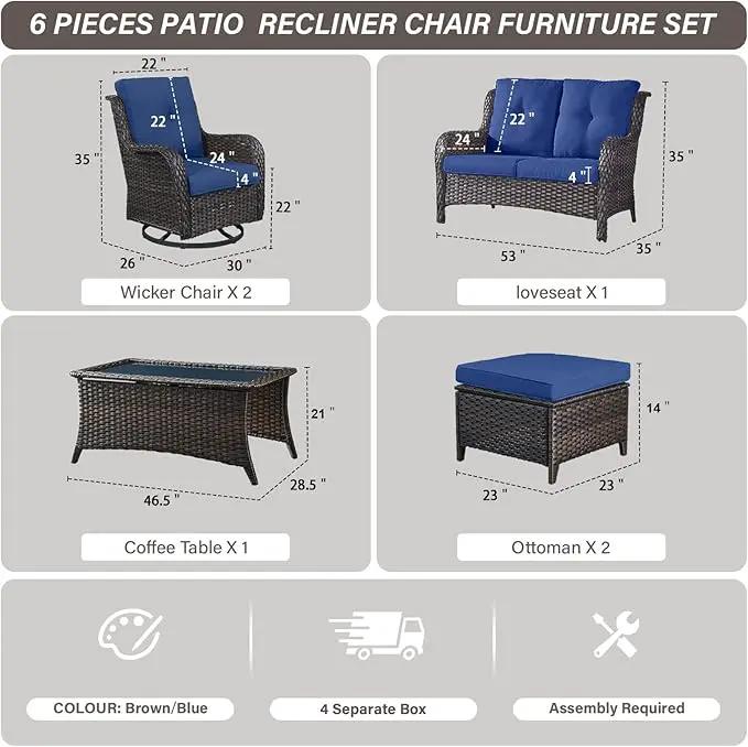 Wicker Outdoor Furniture Patio Furniture Set - 6 Piece Patio Conversation Set with Swivel Rocker Chairs, Loveseat Sofa, Ottomans and Coffee Table, Blue Cushion by GreenHaven Gardens