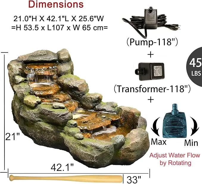 Garden Outdoor Water Fountain, 42.1" L Floor Standing Tiered Rock Outdoor Fountains with LED Lights and Pump for Garden, Backyard, Deck, Patio, Porch and Home Art Decor by GreenHaven Gardens