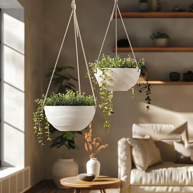 La Jolie Maison 10 Inch Hanging Planters for Indoor Plants, Outdoor Garden Planter Pots with Self-Watering Tray, Eggshell White, Set of 2 by GreenHaven Gardens