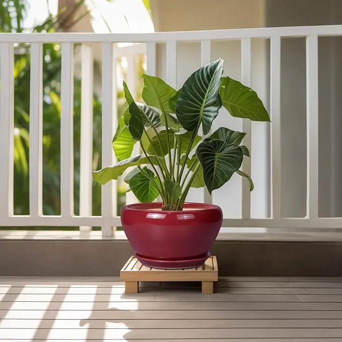 Ceramic Planter - 11 Inch Planter for Outdoor Plants Large Plant Pot Indoor with Drainage Hole and Saucer Round Modern Flower Pot Mid-Century Room Decor Red by GreenHaven Gardens