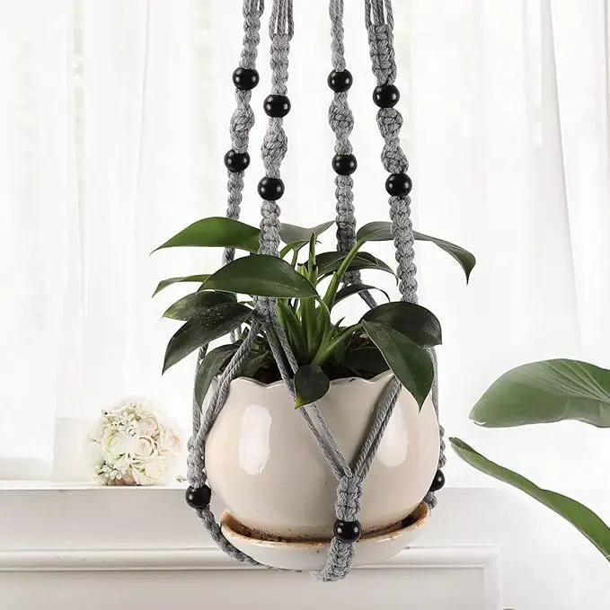 3-Pack Macrame Plant Hanger Indoor - Hanging Planter Basket for Indoor Outdoor - Decorative Boho Plant Holders Set with Beads - Ceiling Flower Pot Holder with 6 Hooks - 35"/30"/24" Gray by GreenHaven Gardens
