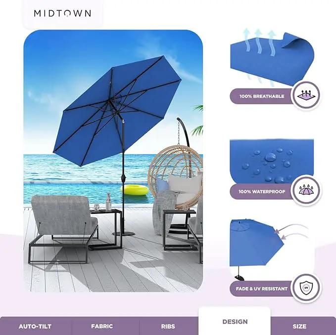 Midtown Umbrellas Sunbrella Umbrella 9 Feet Outdoor Umbrella With Dark Blue Acrylic Fabric - Auto-Tilt Aluminum Frame Patio Umbrella For Backyard, Deck, Garden, Pool - Black Pole by GreenHaven Gardens