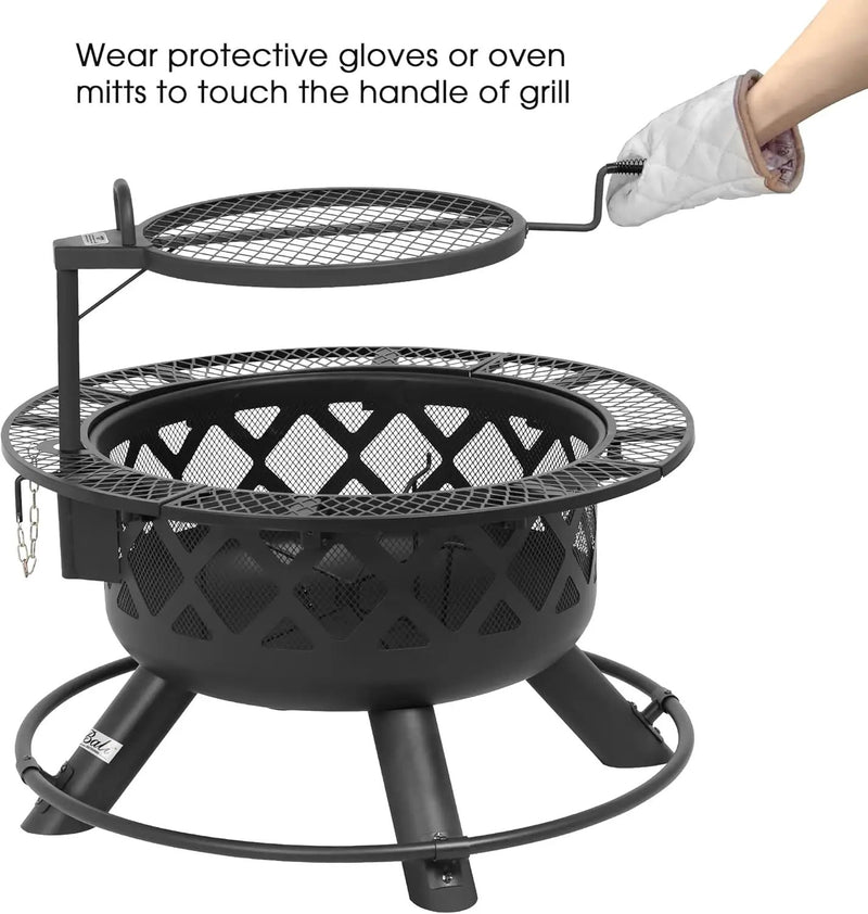BALI OUTDOORS Fire Pit with Poker, 32 inch Outdoor Fire Pit Patio, Wood Burning Firepits for Outside with Grill by GreenHaven Gardens