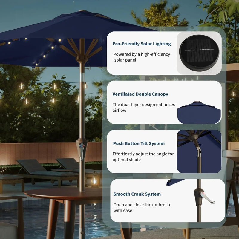 10FT Solar Umbrella 32 LED Lighted Patio Umbrella Table Market Umbrella w/Tilt and Crank, UV-Resistant Outdoor Umbrella for Pool, Garden, Deck, Navy Blue by GreenHaven Gardens