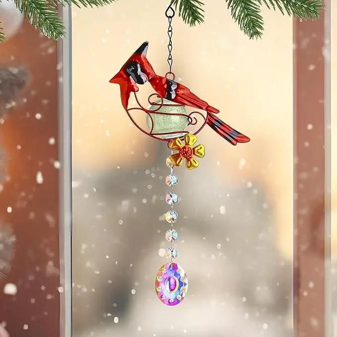 13inch Stained Metal Cardinal Birds Sun Catcher Decorative Window Hanging Ornament Crystals Prism Suncathers Red Bird for Home Garden Decor by GreenHaven Gardens