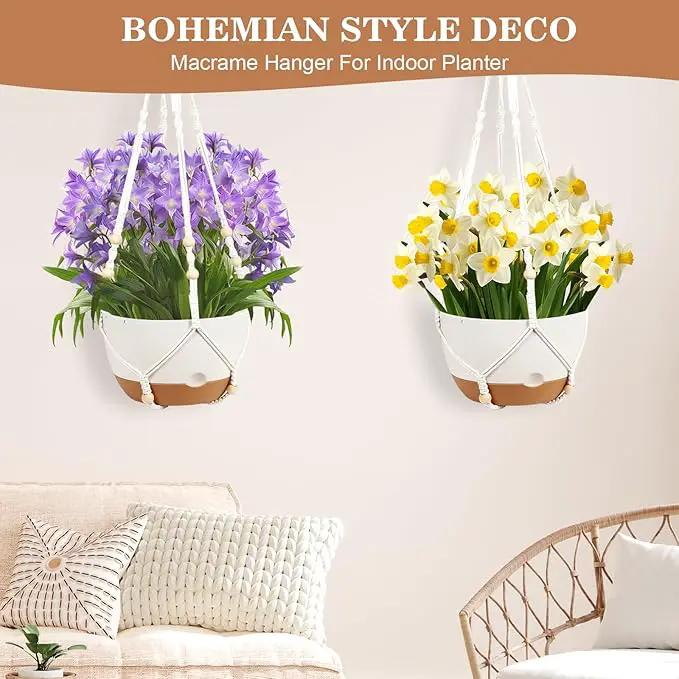 3 Pack Hanging Planters for Indoor Plants, 10 + 10 + 8 Inch Self-Watering Hanging Plant Pot, Macrame Plant Hanger with Pot, Ceiling Hooks, Removable Saucer and Drainage Holes for Garden Home - White by GreenHaven Gardens